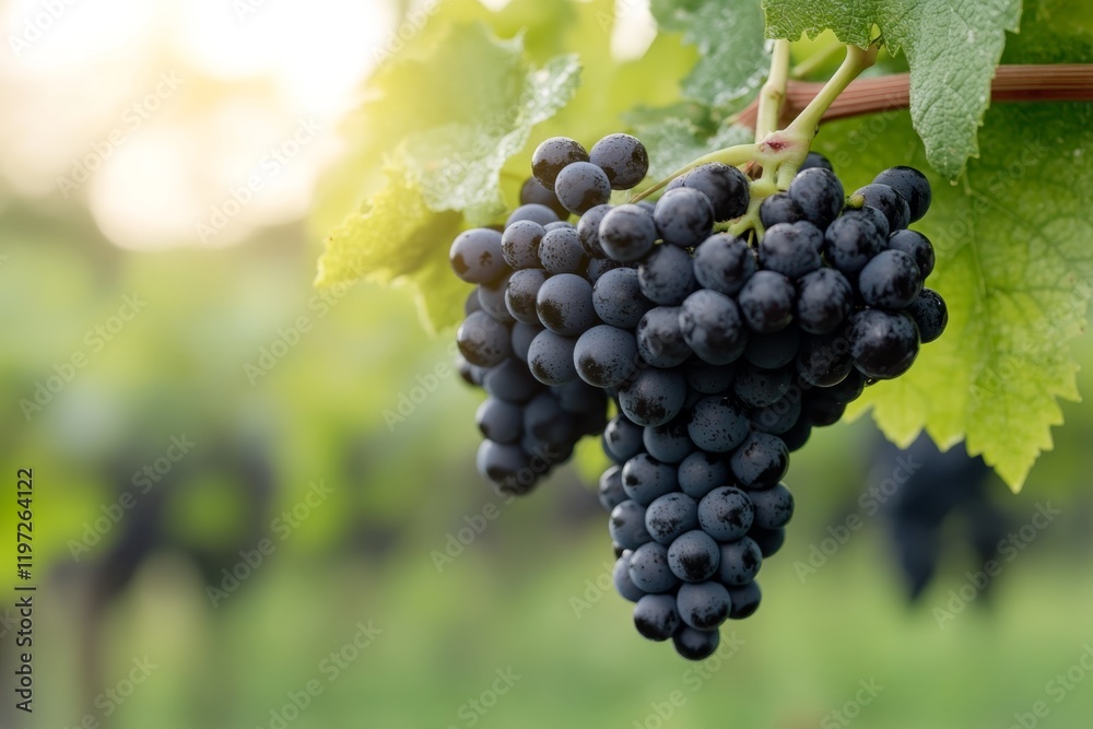 Freshly harvested black grapes hanging from vine in vineyard during golden hour lighting Freshly harvested black grapes hanging from vine in vineyard during golden hour lighting