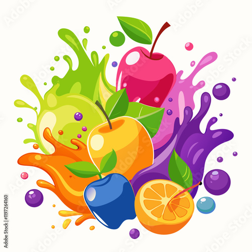 A vibrant assortment of fruits, including berries, citrus fruits, and tropical fruits, is shown with splashes of juice and pulp against