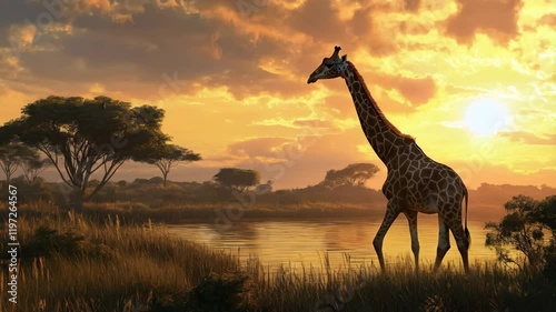 cute giraffe in African savanna near the lake over beautiful sunset background