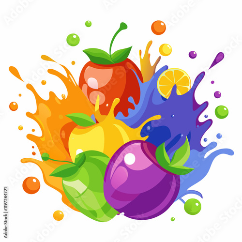 A vibrant assortment of fruits, including berries, citrus fruits, and tropical fruits, is shown with splashes of juice and pulp against a white background.