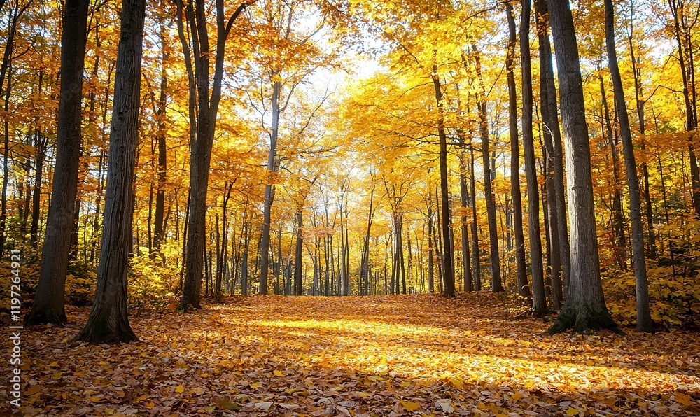 Fototapeta premium Sunlit path through golden autumn forest