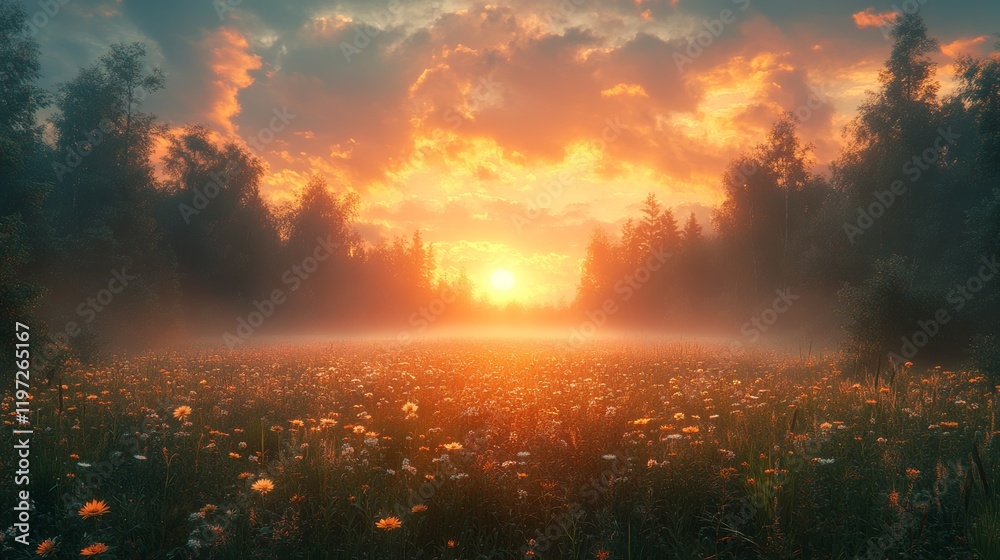 Obraz premium Misty sunrise over a field of wildflowers.