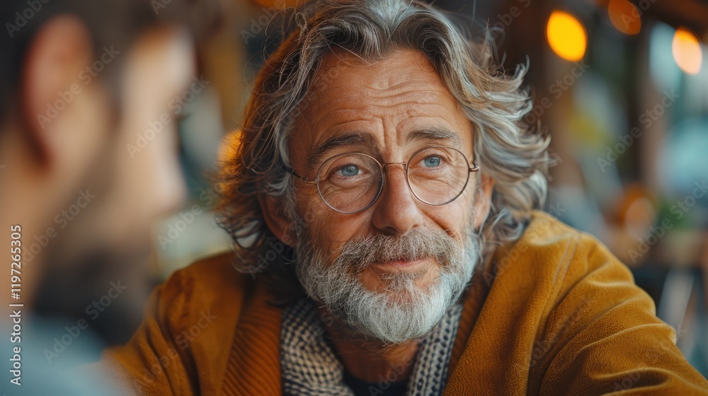 Portrait of Senior Man with Grey Beard and Eyeglasses in Cafe Portrait of Senior Man with Grey Beard and Eyeglasses in Cafe