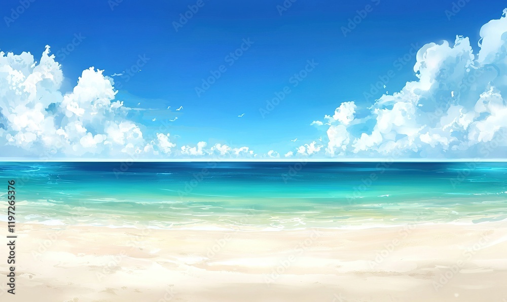Fototapeta premium Tropical beach with white sand, turquoise water, blue sky, and fluffy clouds. Perfect summer background