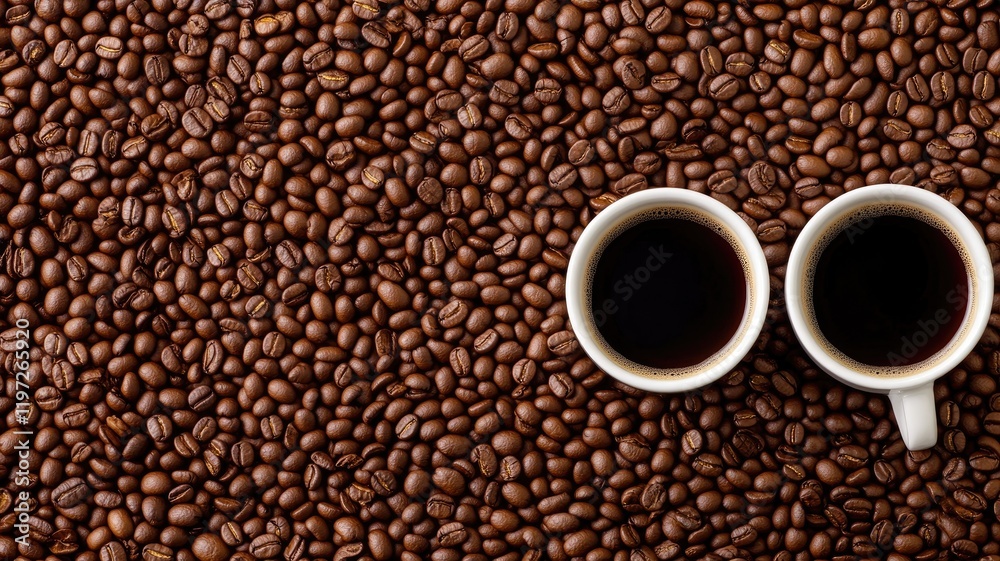 Two cups of black coffee on bed beans Two cups of black coffee on bed beans