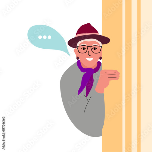 Modern old senior woman. Happy elderly curious person looking from behind door. Trendy aged retired character. Old woman peeping, watching and spying on someone. Vector illustration 