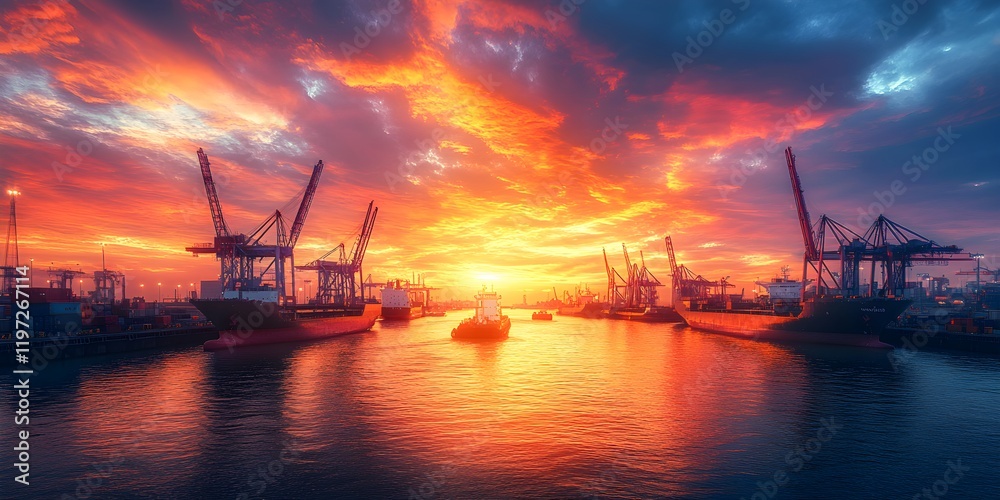 Bustling Harbor with Ships and Cranes at Sunset - Generative AI Bustling Harbor with Ships and Cranes at Sunset - Generative AI