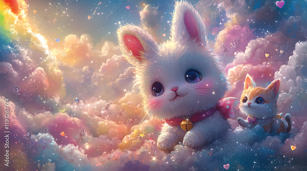 Adorable fluffy bunny and kitten exploring a dreamy pastel cloudscape with a rainbow in the background Adorable fluffy bunny and kitten exploring a dreamy pastel cloudscape with a rainbow in the background