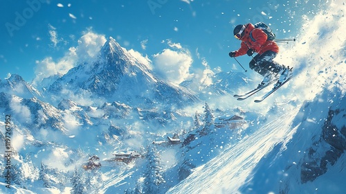 A downhill skier jumping over a snow-covered ramp, with snow spraying and the winter sun glistening off the ice. 487