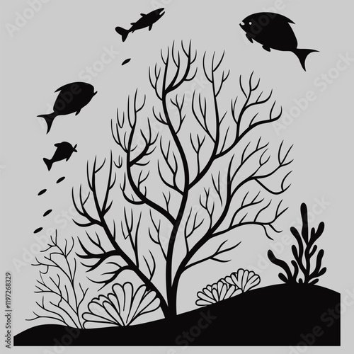 coral bleaching with fish silhouette vector design art and illustration