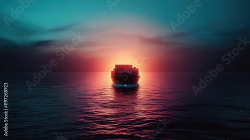 Cargo ship glowing as it crosses an ocean, global logistics, 3D illustration