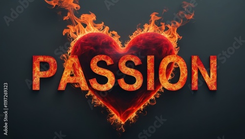PASSION text title in center and fire heart energy drive zeal goal in scarlet fire orange charcoal colors