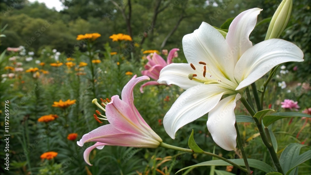 Fototapeta premium A delicate pink lily flower standing next to a large white lily flower in a garden surrounded by vibrant summer flowers and foliage, lily blooms, white lilies, nature scene