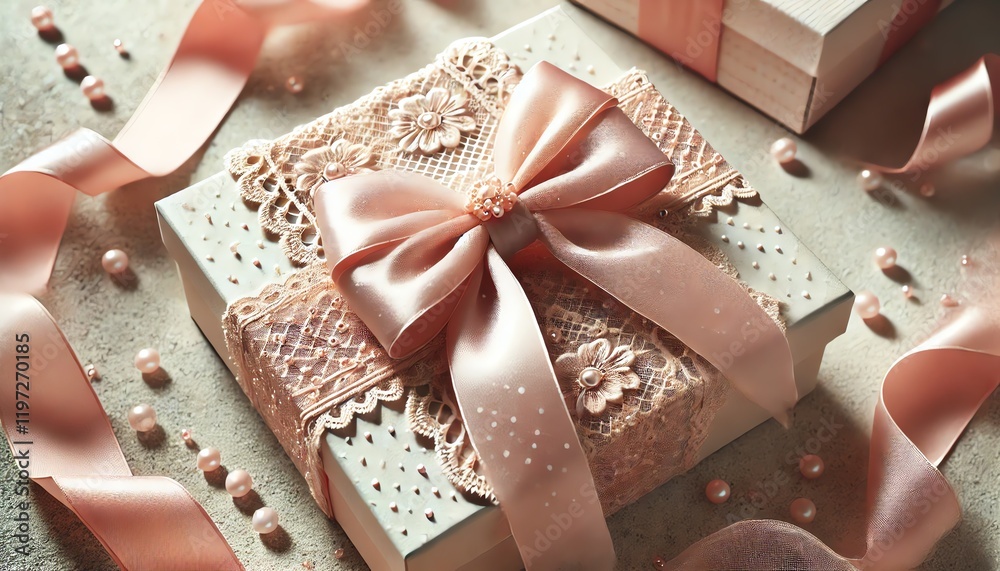 A beautifully wrapped rectangular gift box in soft pastel tones, featuring a large, elegant bow with long ribbon tails A beautifully wrapped rectangular gift box in soft pastel tones, featuring a large, elegant bow with long ribbon tails
