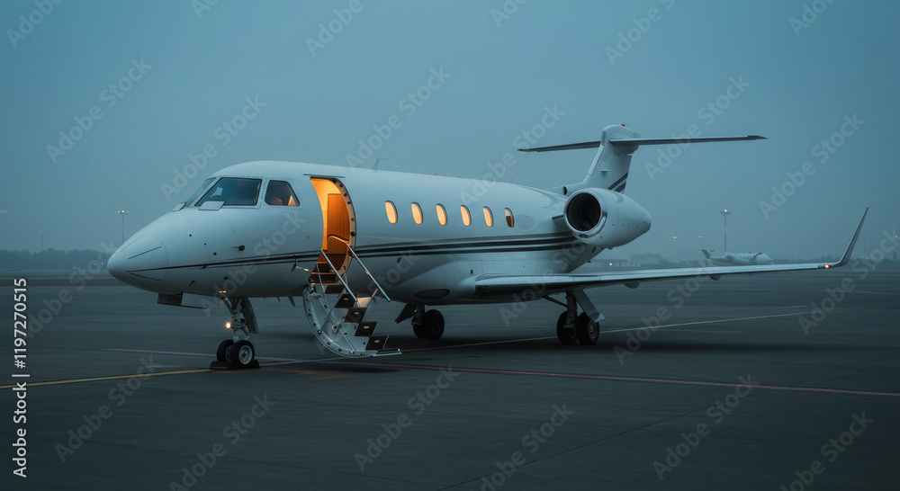 Modern private jet parked on runway with open cabin door. Modern private jet parked on runway with open cabin door.