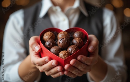 Picture of a love-shaped box with chocolate filling that looks delicious on Valentine's Day