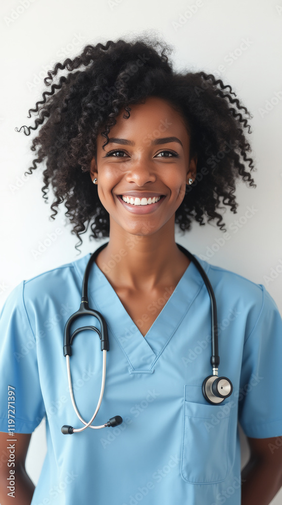 African Healthcare Worker - A Portrait of a Young African Woman with Curly Shoulder-Length Hair Wearing a Medical Uniform African Healthcare Worker - A Portrait of a Young African Woman with Curly Shoulder-Length Hair Wearing a Medical Uniform