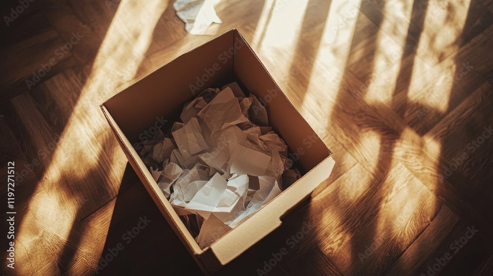 Discarded Papers in an Open Box on a Wooden Floor Discarded Papers in an Open Box on a Wooden Floor