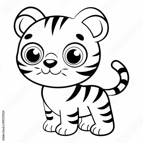 Cute Baby Tiger Illustration Vector Design for Kids Coloring Page.