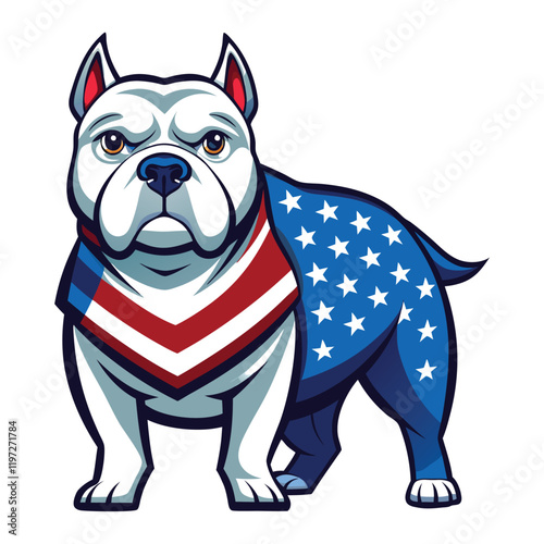 American bulldog, patriotic, stars and stripes outfit, cartoon style, muscular stance, determined expression, blue and red color scheme, white fur, illustration, mascot design, vector art, bold outlin
