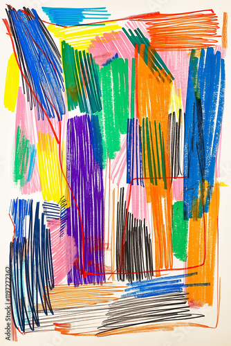 Colorful abstract painting with intersecting lines and scribbles creating dyn...