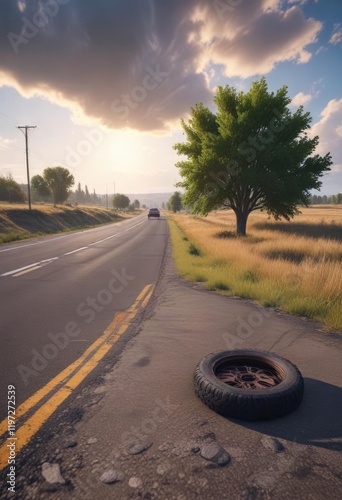 A flat tire lying alone in the middle of a rural highway, with nary a tree or building in sight, abandoned automobile component, rural landscape photo