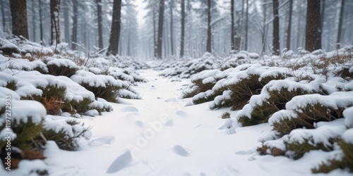 A forest floor covered with a thick layer of fresh snow, snow-covered undergrowth, snowy ground