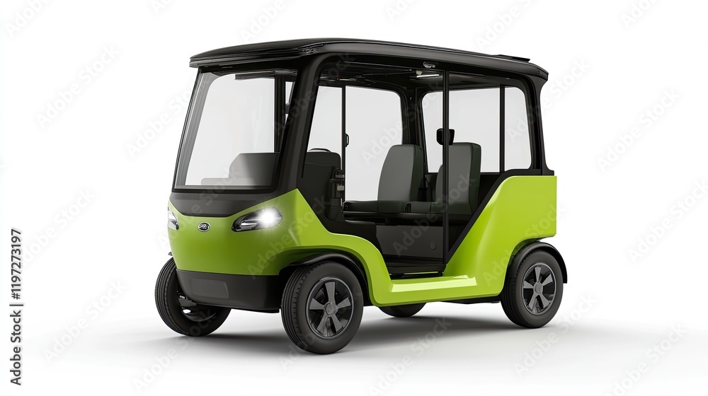 Obraz premium Green Electric Vehicle Studio Shot, Four-Seater, Sustainable Transport, White Background, Eco-Friendly