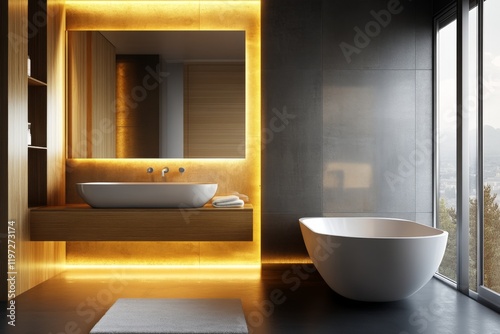 A minimalist bathroom with a wall-mounted sink, frameless mirror, and smooth V-Ray lighting creating soft, realistic shadows