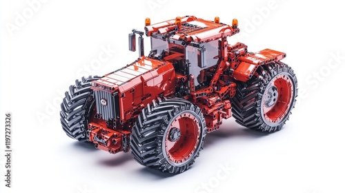 Powerful red tractor studio shot, agricultural machinery, white background, farming equipment