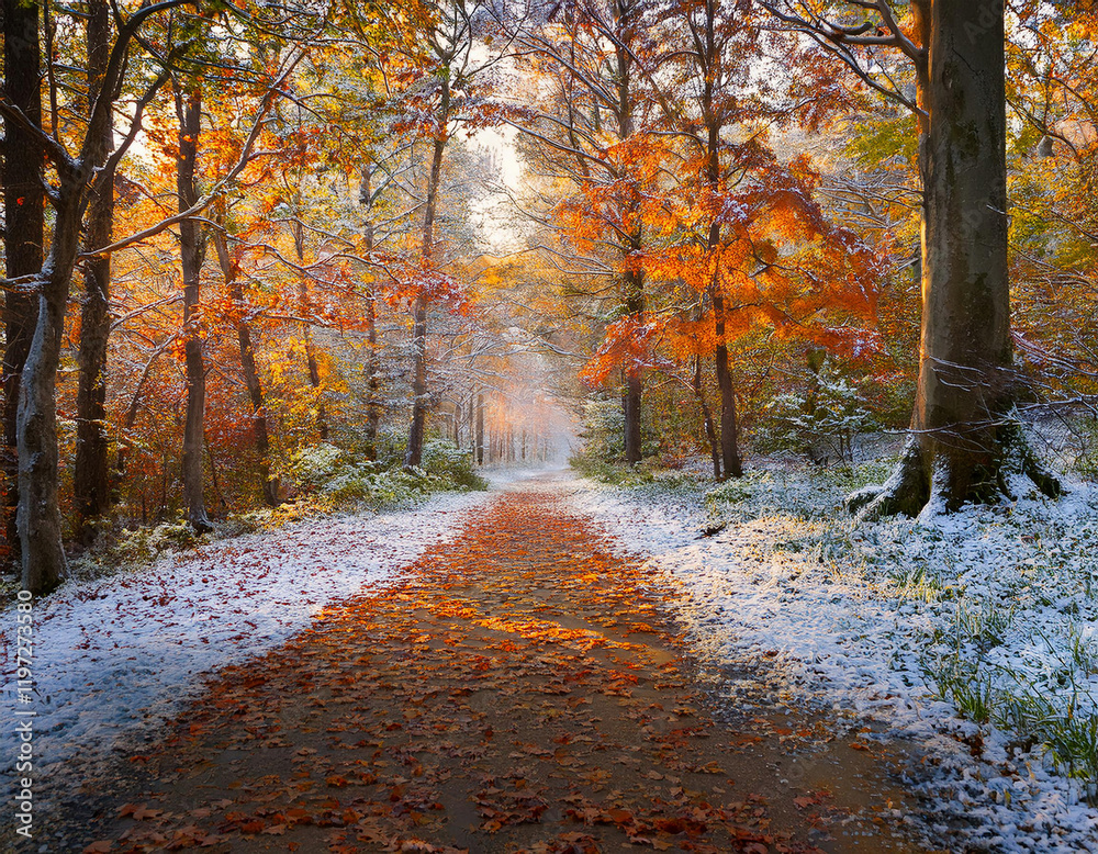 Fototapeta premium A forest path is covered with autumn leaves and early snow, creating a beautiful contrast between fall colors and winter white.