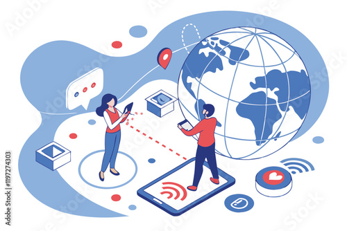 Global connectivity, social media icons, diverse communication channels, miniature people interacting with technology, oversized world globe, digital marketing concepts, colorful flat design, visualiz