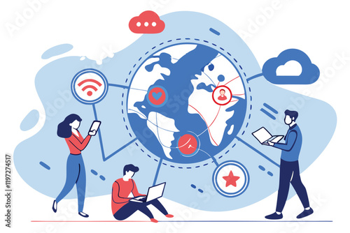 Global connectivity, social media icons, diverse communication channels, miniature people interacting with technology, oversized world globe, digital marketing concepts, colorful flat design, visualiz