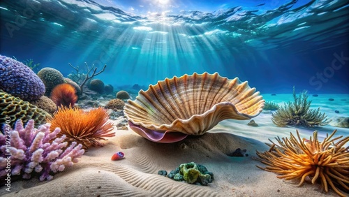 A giant clamshell lies open on the sandy seafloor with anemones and sea fans waving gently in the current, beachy scene, marine life photo