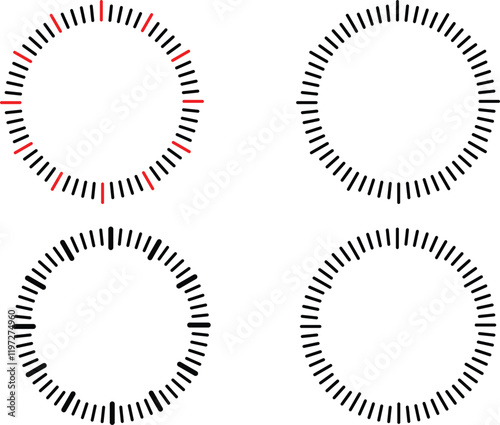 Circular frame with radiating lines mechanical clock face divided into seconds and minutes.