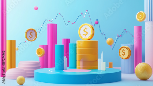 Colorful 3D illustration of financial trading concept with coins and graphs, showcasing vibrant economic theme. image features stacks of coins, bar graphs, and fluctuating line graph