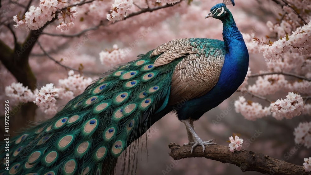 Naklejka premium A vibrant peacock perched among blooming cherry blossoms.