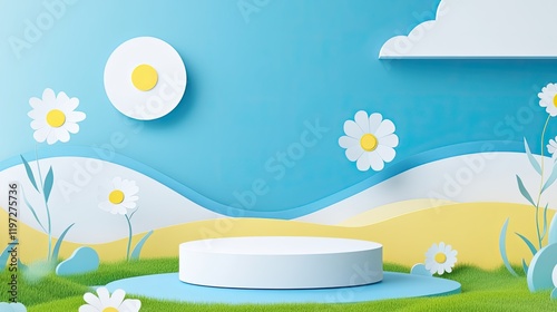 Pastel-colored 3D product display podium with daisies and clouds