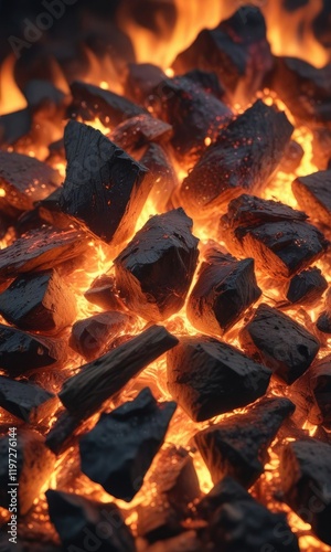 A blurry image of embers glowing softly as a fire burns low, ember, warm ember