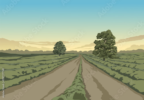 Countryside landscape with pathway and farm