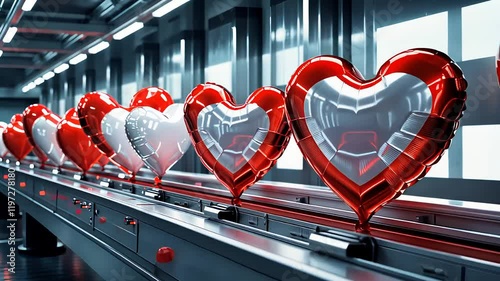 Row of Shiny Red Heart Balloons on a Conveyor Belt in a Modern Industrial Setting with Reflective Surfaces

 photo