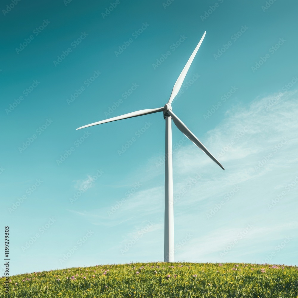 Fresh Wind Turbine on Green Grassland Under Clear Blue Sky Fresh Wind Turbine on Green Grassland Under Clear Blue Sky