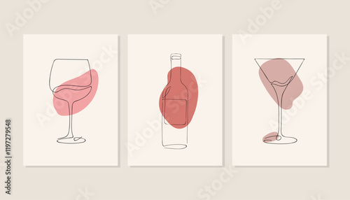 Set of continuous line drawings featuring a wine glass, a bottle, and a martini glass with abstract pink shapes on beige backgrounds. Minimalist vector illustrations. Modern design.