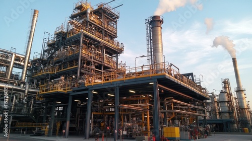 The impressive structure of an industrial boiler, surrounded by operational equipment in a bustling petrochemical facility.