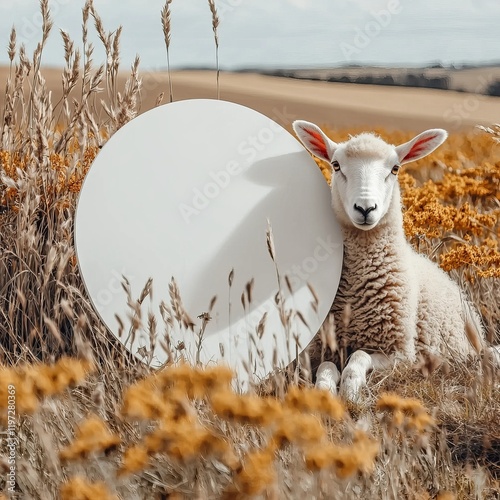 A sheep rests in a field, leaning on a round white object under a sunny sky. photo