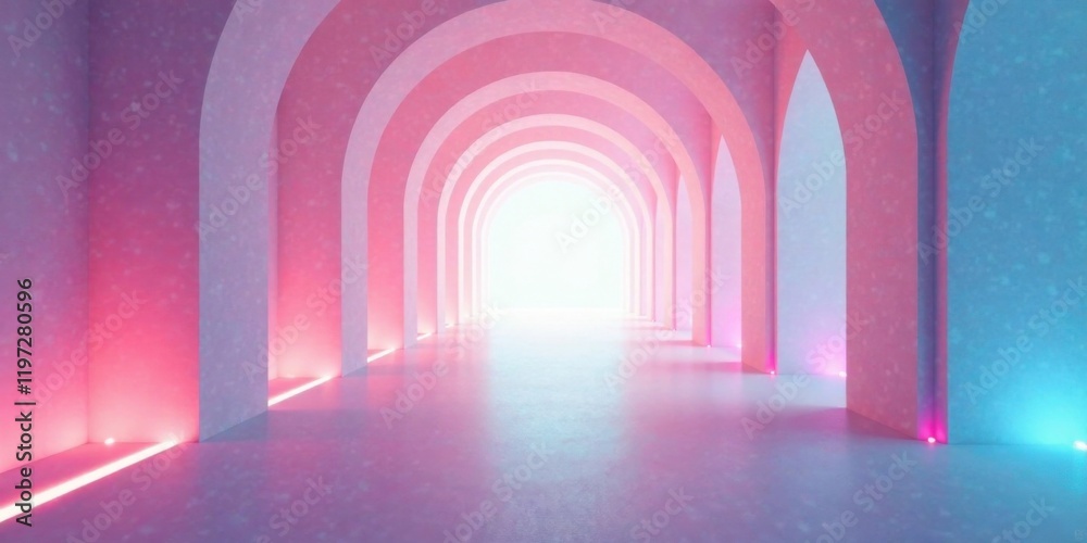 Obraz premium Arched Pathway Illuminated with Soft Pink and Blue Neon Lights Leading to a Bright Future