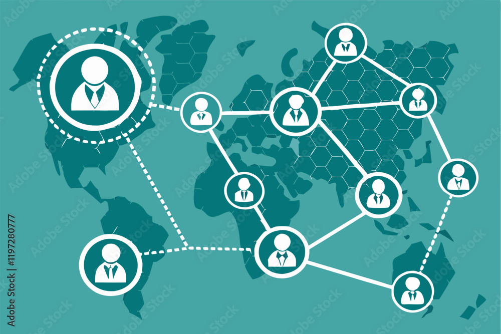 Global network, interconnected people icons, world map background, teal color scheme, hexagonal pattern, diverse avatars, social connectivity visualization, business networking concept, digital commun Global network, interconnected people icons, world map background, teal color scheme, hexagonal pattern, diverse avatars, social connectivity visualization, business networking concept, digital commun