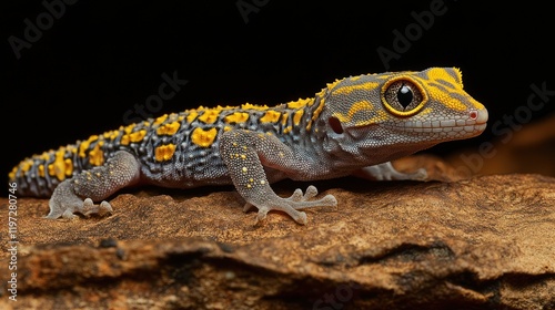 Yellow-spotted gecko on wood, close-up. photo