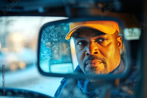 Bus driver driving in reverse while looking in rear view mirror. Generative AI
