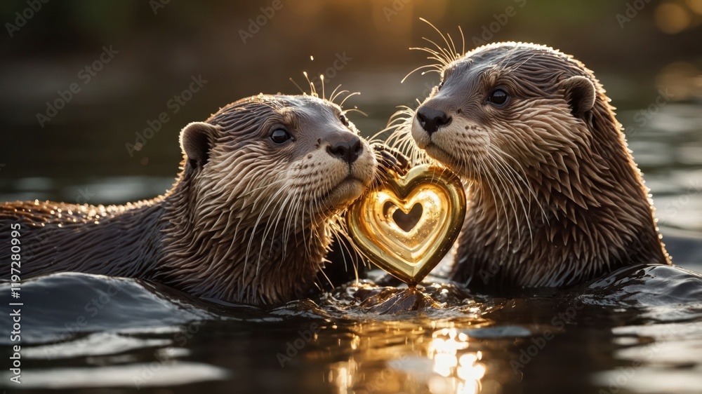 Two otters playfully holding a heart-shaped object in a serene water setting. Two otters playfully holding a heart-shaped object in a serene water setting.